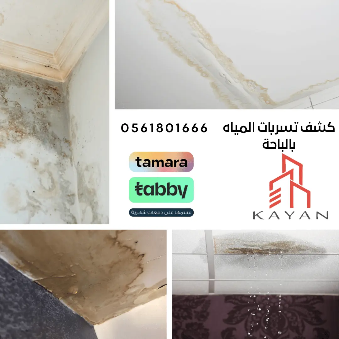 صورة توضح بعض أشكال تسربات المياه في المنازل والمباني، مع إمكانية كشف تسربات المياه بالباحة باستخدام أحدث الأجهزة من شركة كيان المهارة